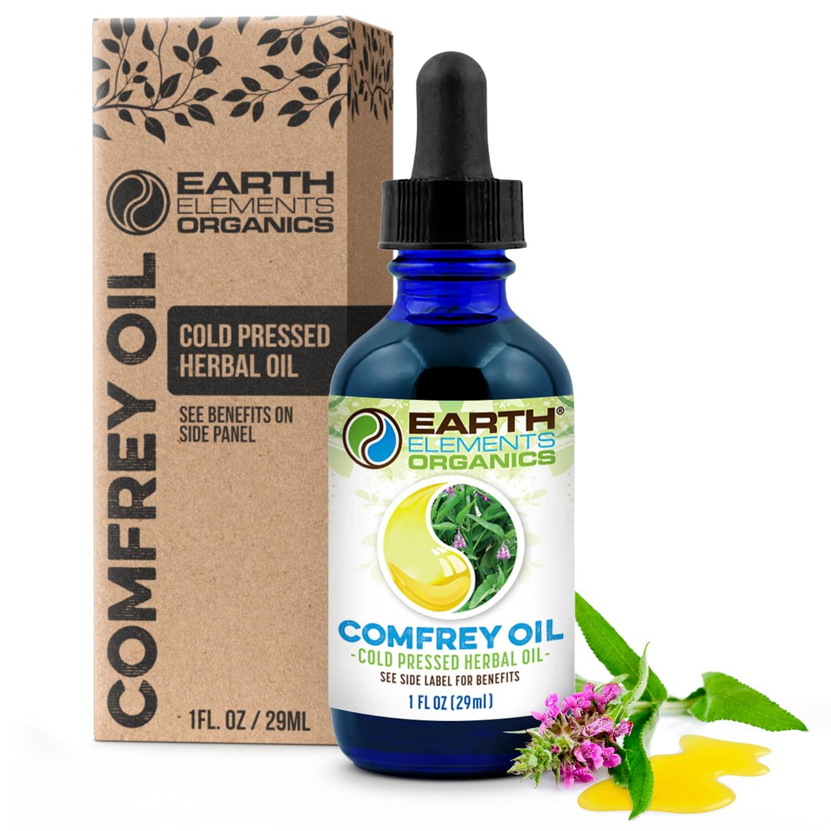 Earth Elements Organics Comfrey Body Oil – Rohes, Kräuterinfundiertes Pflegeöl, Biologische Hautpflege, Ungeduftet, Für Alle Hauttypen – 30 ml
