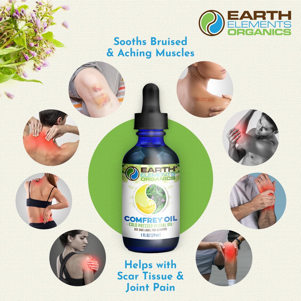 Earth Elements Organics Comfrey Body Oil – Rohes, Kräuterinfundiertes Pflegeöl, Biologische Hautpflege, Ungeduftet, Für Alle Hauttypen – 30 ml