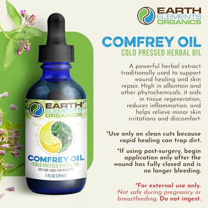 Earth Elements Organics Comfrey Body Oil – Rohes, Kräuterinfundiertes Pflegeöl, Biologische Hautpflege, Ungeduftet, Für Alle Hauttypen – 30 ml
