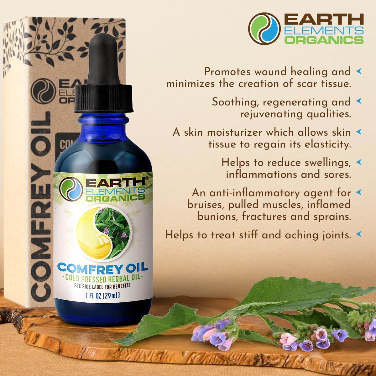 Earth Elements Organics Comfrey Body Oil – Rohes, Kräuterinfundiertes Pflegeöl, Biologische Hautpflege, Ungeduftet, Für Alle Hauttypen – 30 ml