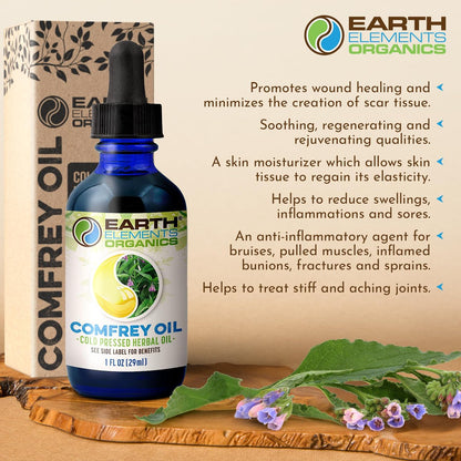 Earth Elements Organics Comfrey Body Oil – Rohes, Kräuterinfundiertes Pflegeöl, Biologische Hautpflege, Ungeduftet, Für Alle Hauttypen – 30 ml