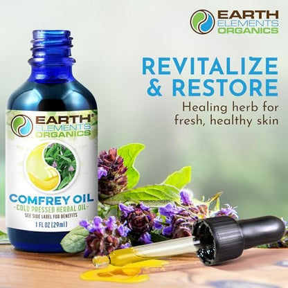 Earth Elements Organics Comfrey Body Oil – Rohes, Kräuterinfundiertes Pflegeöl, Biologische Hautpflege, Ungeduftet, Für Alle Hauttypen – 30 ml