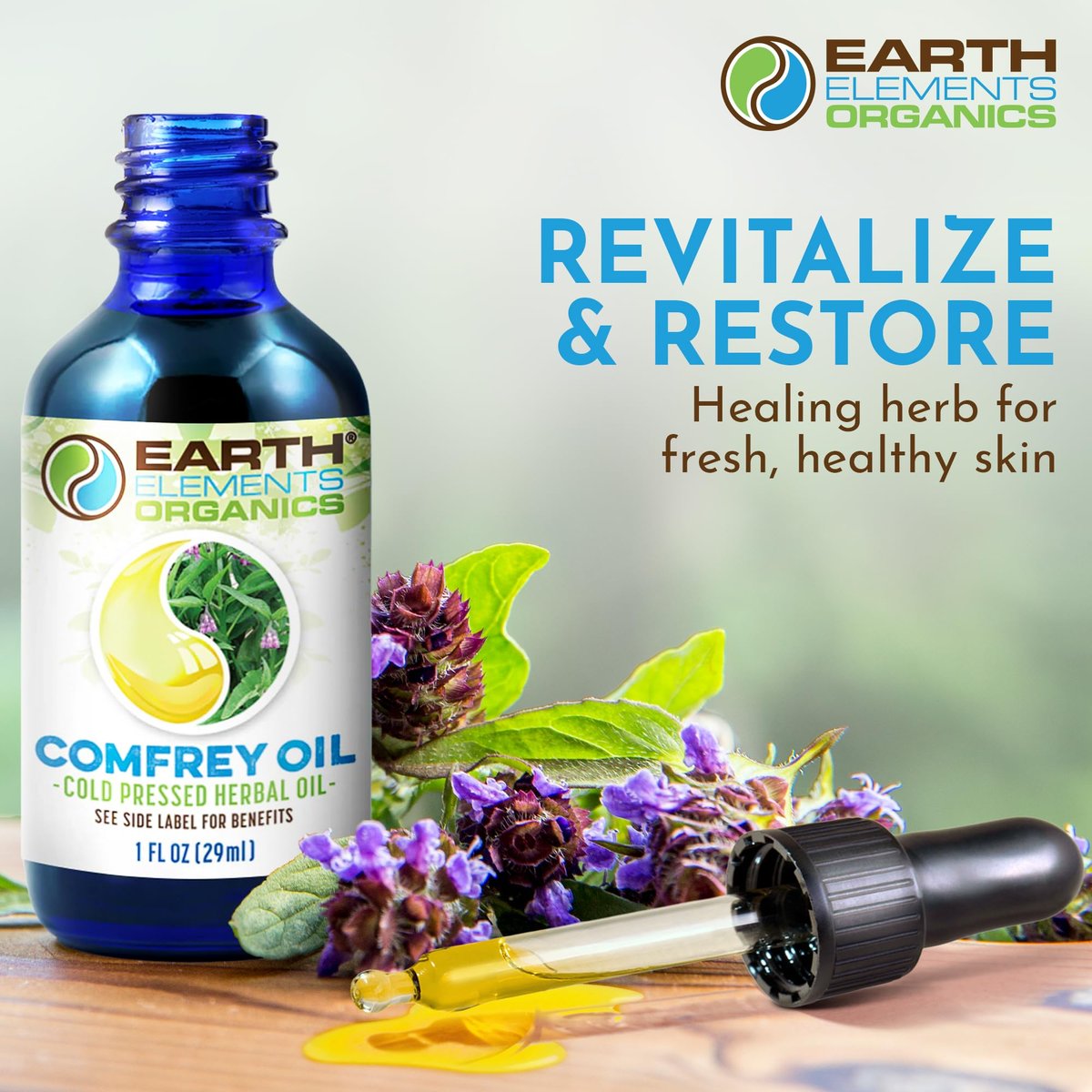 Earth Elements Organics Comfrey Body Oil – Rohes, Kräuterinfundiertes Pflegeöl, Biologische Hautpflege, Ungeduftet, Für Alle Hauttypen – 30 ml