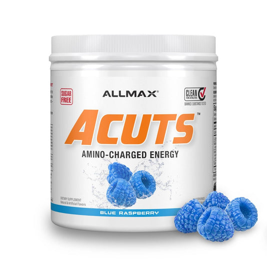 ALLMAX ACUTS Aminosäuren-Energiepulver, Blaue Himbeere, 30 Portionen, Koffein, Grüner Kaffee-Extrakt, 2000 mg Taurin, L-Carnitin, Zuckerfrei, Gluten- & Farbstofffrei