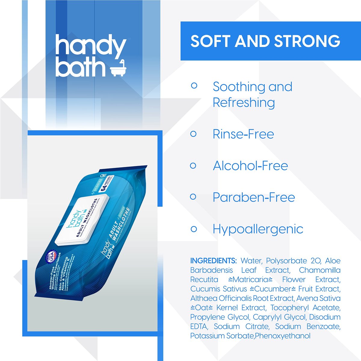 Handybath Erwachsene Waschlappen beduftet, extragroße Reinigungstücher mit Aloe Vera & Kamille, 64 Tücher – Seniorenpflege, Outdoor-Aktivitäten, Reiseutensilien