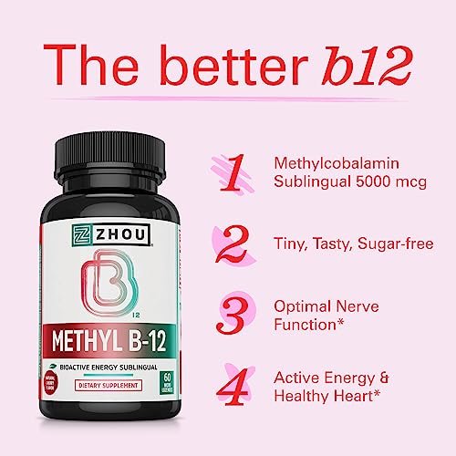 Zhou Methyl B12 - Methyl-B-12 Nahrungsergänzung für Frauen & Männer, Vitamin B12 5000 mcg, vegan, Unterstützung für Zellenergie und Nervenfunktion, Methylcobalamin - 60 Mikro-Lutschtabletten