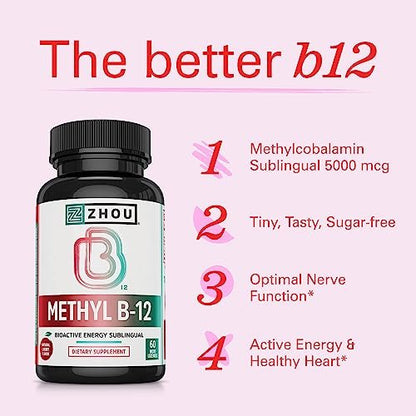 Zhou Methyl B12 - Methyl-B-12 Nahrungsergänzung für Frauen & Männer, Vitamin B12 5000 mcg, vegan, Unterstützung für Zellenergie und Nervenfunktion, Methylcobalamin - 60 Mikro-Lutschtabletten