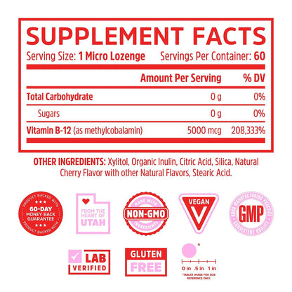 Zhou Methyl B12 - Methyl-B-12 Nahrungsergänzung für Frauen & Männer, Vitamin B12 5000 mcg, vegan, Unterstützung für Zellenergie und Nervenfunktion, Methylcobalamin - 60 Mikro-Lutschtabletten