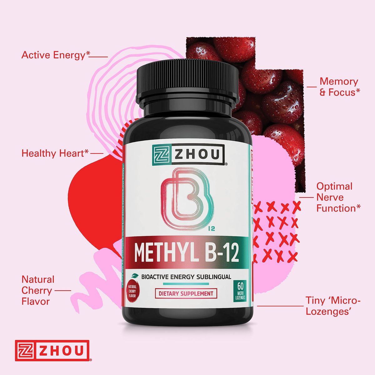 Zhou Methyl B12 - Methyl-B-12 Nahrungsergänzung für Frauen & Männer, Vitamin B12 5000 mcg, vegan, Unterstützung für Zellenergie und Nervenfunktion, Methylcobalamin - 60 Mikro-Lutschtabletten