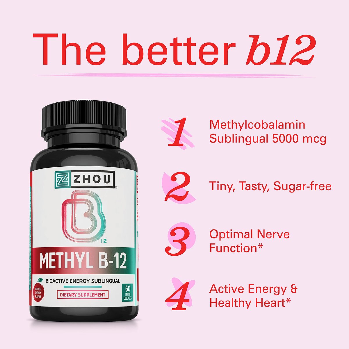 Zhou Methyl B12 - Methyl-B-12 Nahrungsergänzung für Frauen & Männer, Vitamin B12 5000 mcg, vegan, Unterstützung für Zellenergie und Nervenfunktion, Methylcobalamin - 60 Mikro-Lutschtabletten