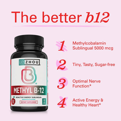 Zhou Methyl B12 - Methyl-B-12 Nahrungsergänzung für Frauen & Männer, Vitamin B12 5000 mcg, vegan, Unterstützung für Zellenergie und Nervenfunktion, Methylcobalamin - 60 Mikro-Lutschtabletten