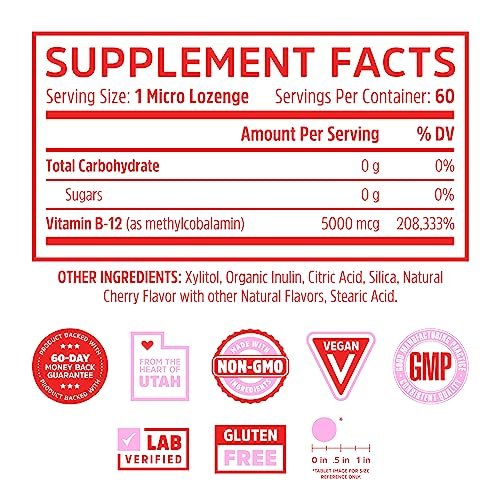 Zhou Methyl B12 - Methyl-B-12 Nahrungsergänzung für Frauen & Männer, Vitamin B12 5000 mcg, vegan, Unterstützung für Zellenergie und Nervenfunktion, Methylcobalamin - 60 Mikro-Lutschtabletten