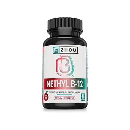 Zhou Methyl B12 - Methyl-B-12 Nahrungsergänzung für Frauen & Männer, Vitamin B12 5000 mcg, vegan, Unterstützung für Zellenergie und Nervenfunktion, Methylcobalamin - 60 Mikro-Lutschtabletten
