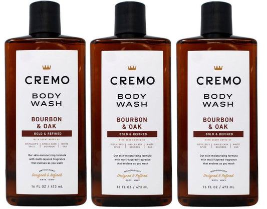 Cremo Body Wash Bourbon & Oak – 16 Unzen (3er-Pack) – Luxuriöse Herrenpflege