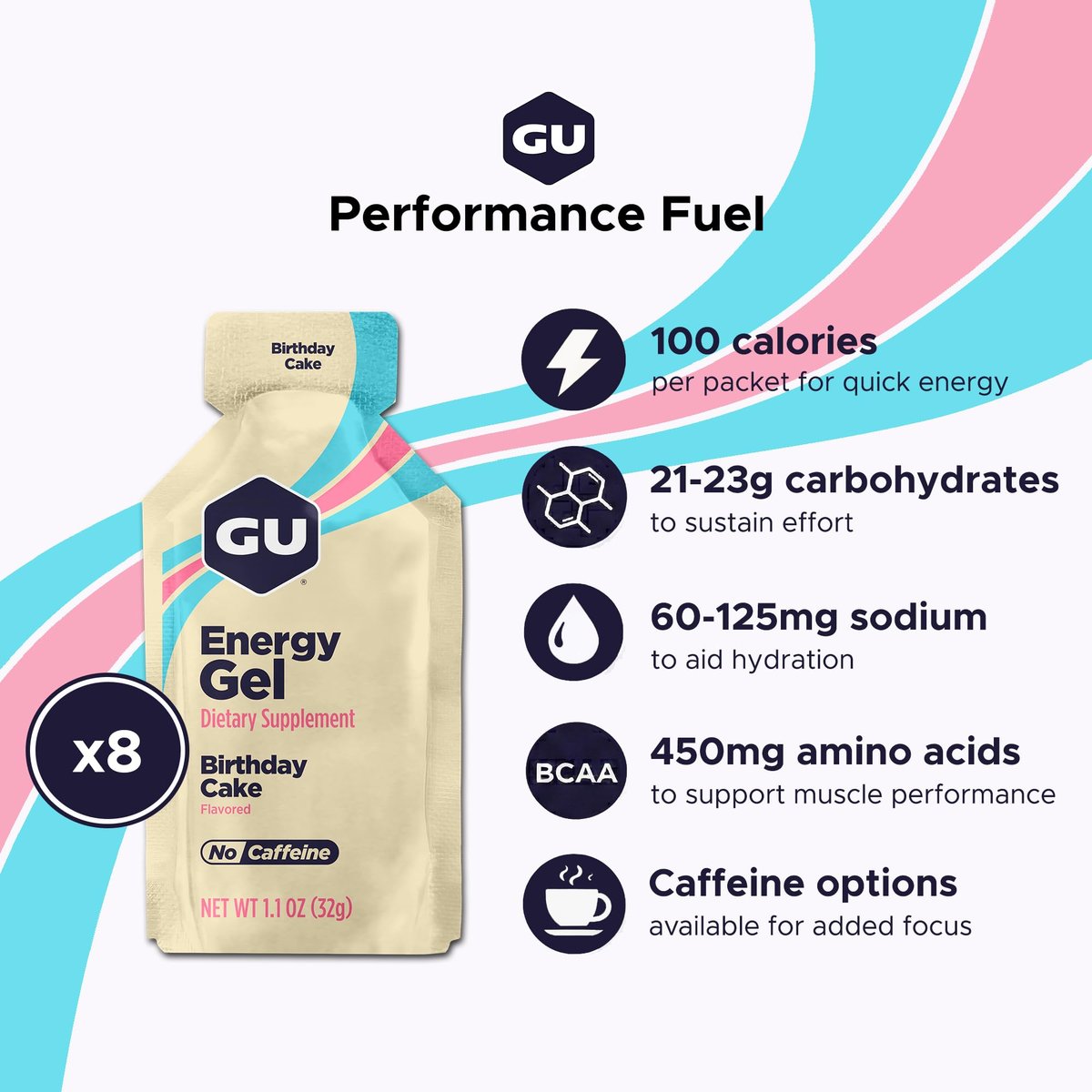 GU Energy Original Energy Gels, Geburtstagstorte - 8er Pack, 1,1 Fl Oz