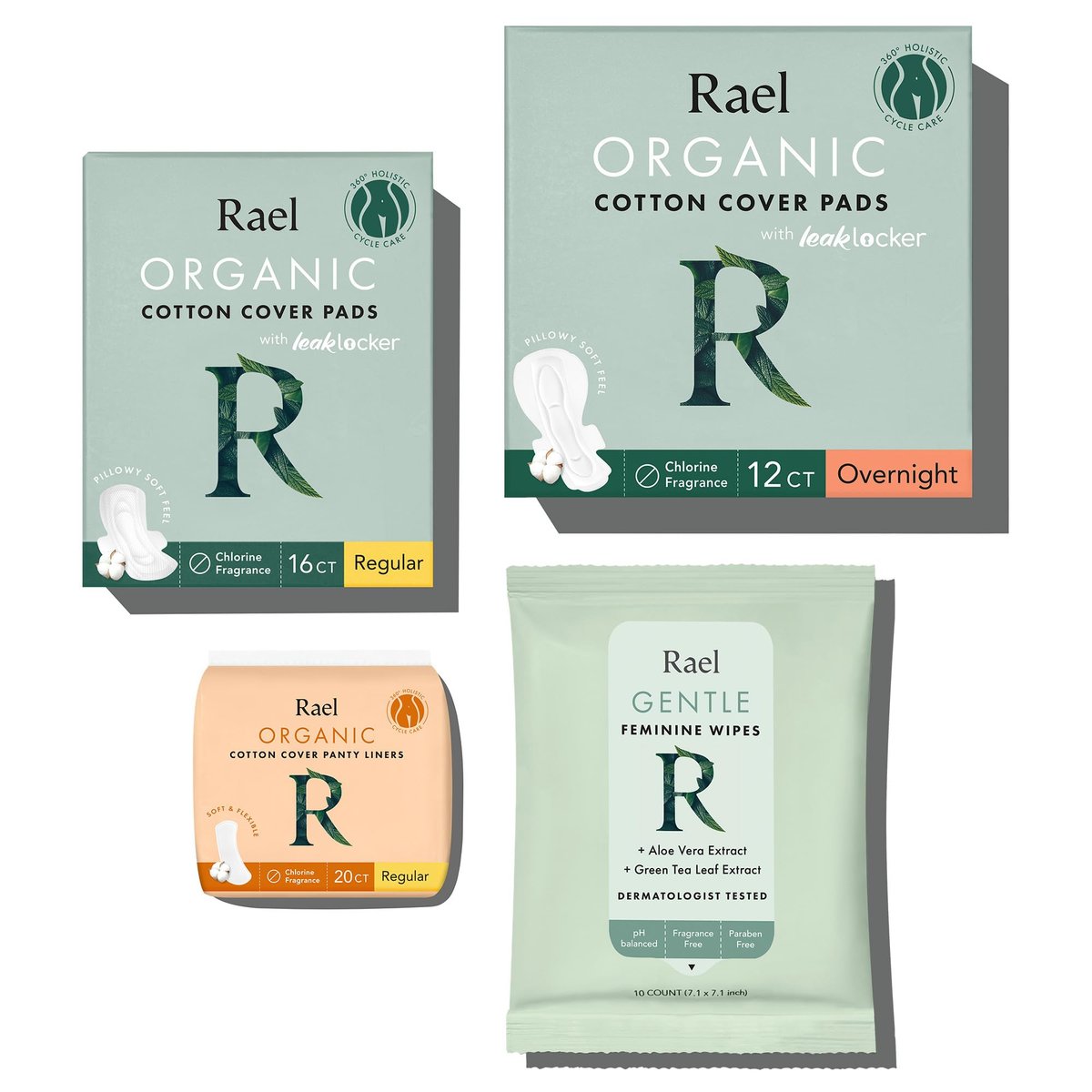 Rael Period Essential Set – 58-teiliges Damenhygiene-Set mit Bio-Baumwollbinden, Slipeinlagen und Feuchttüchern