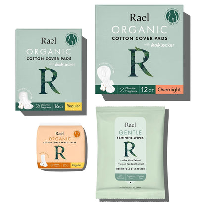 Rael Period Essential Set – 58-teiliges Damenhygiene-Set mit Bio-Baumwollbinden, Slipeinlagen und Feuchttüchern