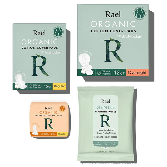Rael Period Essential Set – 58-teiliges Damenhygiene-Set mit Bio-Baumwollbinden, Slipeinlagen und Feuchttüchern