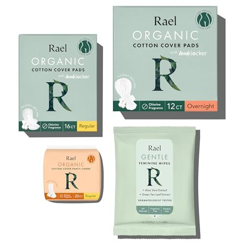 Rael Period Essential Set – 58-teiliges Damenhygiene-Set mit Bio-Baumwollbinden, Slipeinlagen und Feuchttüchern