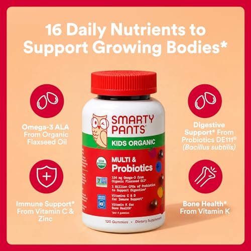 SmartyPants Bio Kinder Multivitamin Gummibärchen: Probiotika, Omega 3 (ALA), Vitamin D3, C, B12, B6, A, K & Zink für Immununterstützung, Biotin, drei Fruchtgeschmacksrichtungen, 120 Stück (30-Tage-Vorrat)