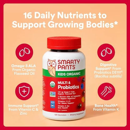 SmartyPants Bio Kinder Multivitamin Gummibärchen: Probiotika, Omega 3 (ALA), Vitamin D3, C, B12, B6, A, K & Zink für Immununterstützung, Biotin, drei Fruchtgeschmacksrichtungen, 120 Stück (30-Tage-Vorrat)