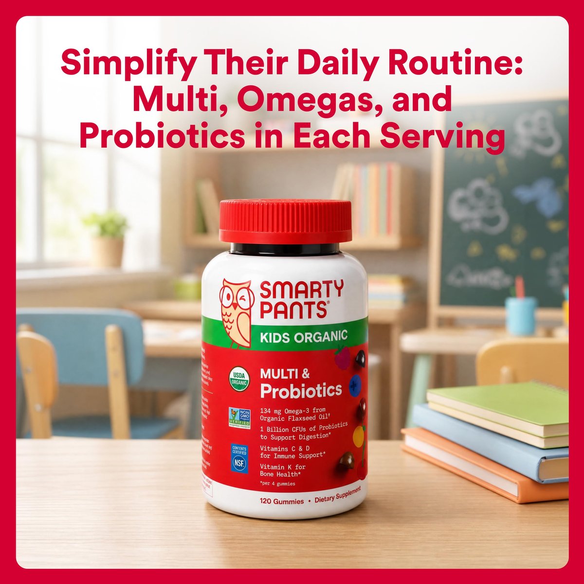 SmartyPants Bio Kinder Multivitamin Gummibärchen: Probiotika, Omega 3 (ALA), Vitamin D3, C, B12, B6, A, K & Zink für Immununterstützung, Biotin, drei Fruchtgeschmacksrichtungen, 120 Stück (30-Tage-Vorrat)