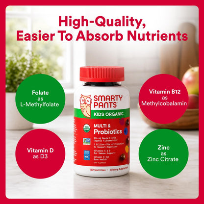 SmartyPants Bio Kinder Multivitamin Gummibärchen: Probiotika, Omega 3 (ALA), Vitamin D3, C, B12, B6, A, K & Zink für Immununterstützung, Biotin, drei Fruchtgeschmacksrichtungen, 120 Stück (30-Tage-Vorrat)