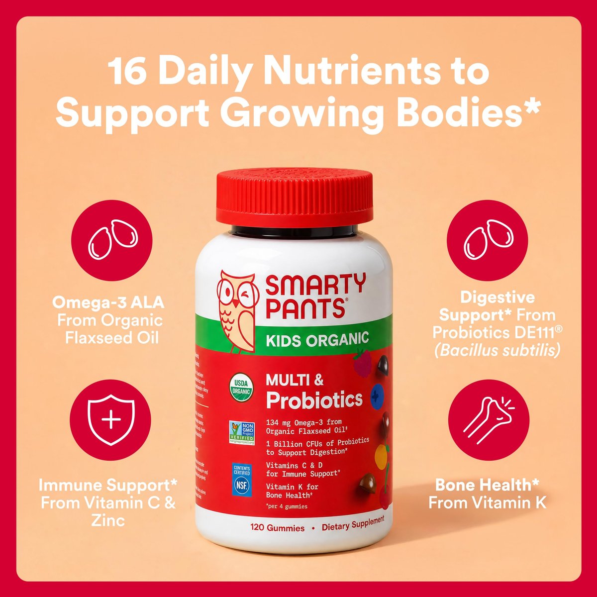 SmartyPants Bio Kinder Multivitamin Gummibärchen: Probiotika, Omega 3 (ALA), Vitamin D3, C, B12, B6, A, K & Zink für Immununterstützung, Biotin, drei Fruchtgeschmacksrichtungen, 120 Stück (30-Tage-Vorrat)