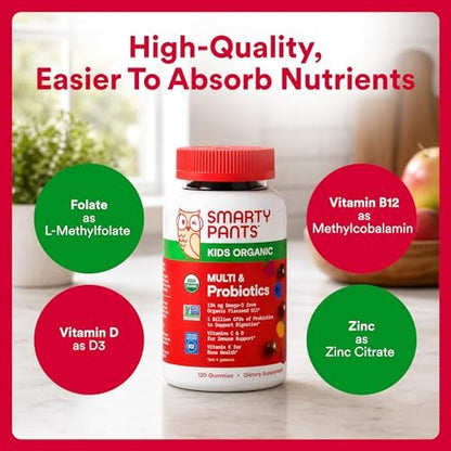 SmartyPants Bio Kinder Multivitamin Gummibärchen: Probiotika, Omega 3 (ALA), Vitamin D3, C, B12, B6, A, K & Zink für Immununterstützung, Biotin, drei Fruchtgeschmacksrichtungen, 120 Stück (30-Tage-Vorrat)
