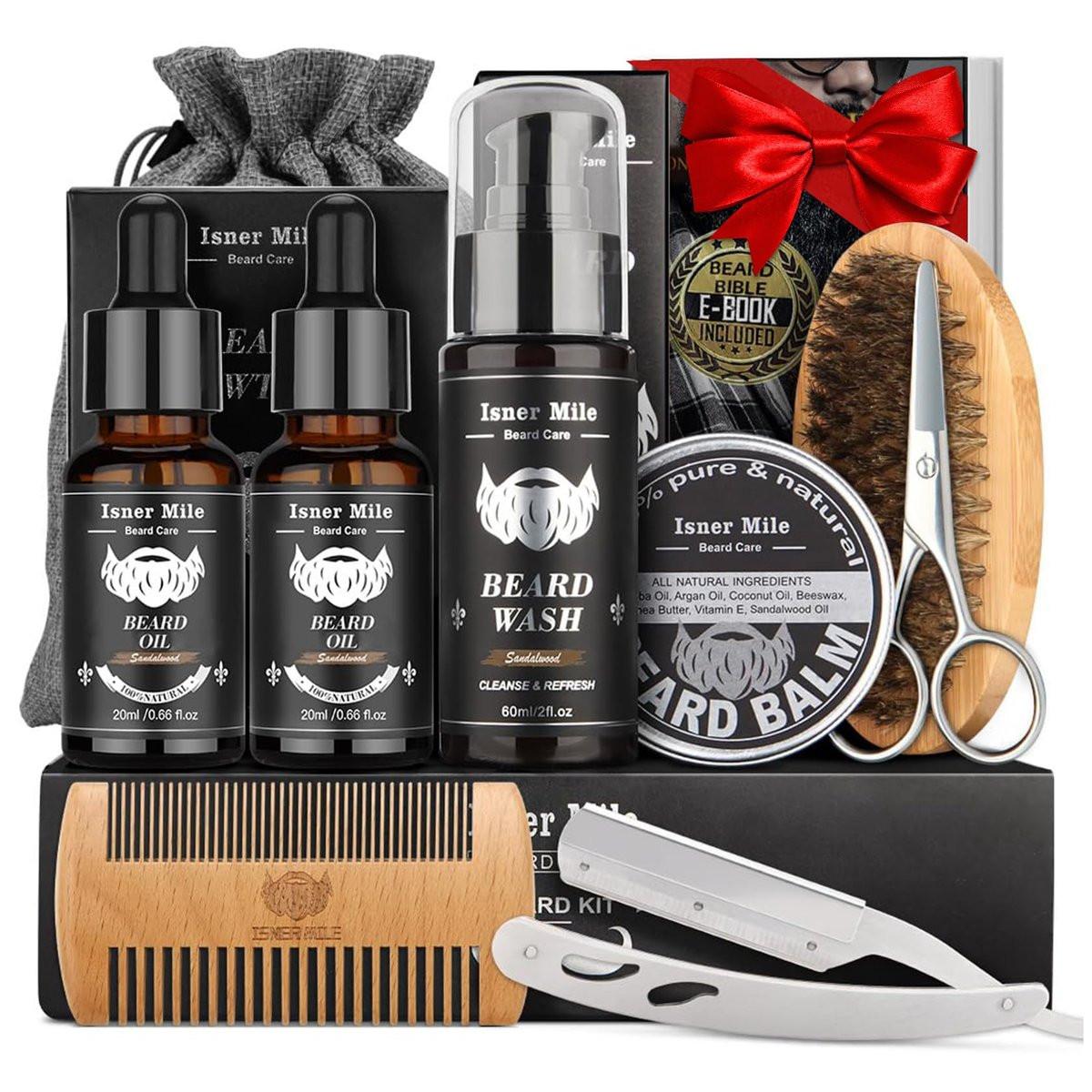 Isner Mile Bartpflege-Set für Männer: mit Bartöl, Balsam, Waschmittel, Bürste, Kamm und Rasiermesser – Geburtstagsgeschenk, Weihnachtsgeschenk für Ihn