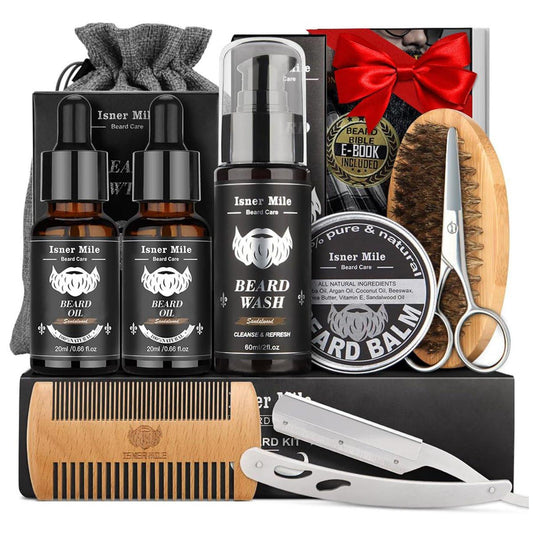 Isner Mile Bartpflege-Set für Männer: mit Bartöl, Balsam, Waschmittel, Bürste, Kamm und Rasiermesser – Geburtstagsgeschenk, Weihnachtsgeschenk für Ihn