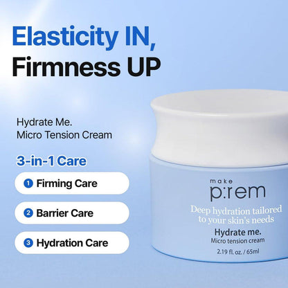 MAKE P:REM Hydrate Me. Micro Tension Cream – Feuchtigkeitsspendende Gesichtscreme mit Gel-Textur für trockene, empfindliche, fettige und zu Akne neigende Haut, 65 ml