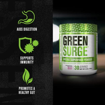 Jacked Factory Green Surge - Grünes Superfood-Pulver mit Spirulina, Weizen- und Gerstengras, Bio-Grüns, Grüntee-Extrakt, Probiotika und Verdauungsenzyme - gemischte Beeren, 30 Portionen