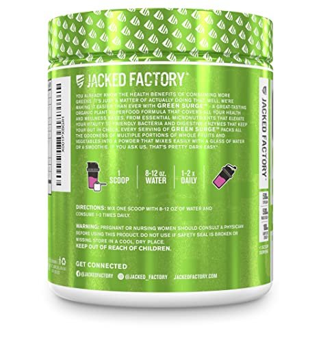 Jacked Factory Green Surge - Grünes Superfood-Pulver mit Spirulina, Weizen- und Gerstengras, Bio-Grüns, Grüntee-Extrakt, Probiotika und Verdauungsenzyme - gemischte Beeren, 30 Portionen