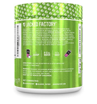 Jacked Factory Green Surge - Grünes Superfood-Pulver mit Spirulina, Weizen- und Gerstengras, Bio-Grüns, Grüntee-Extrakt, Probiotika und Verdauungsenzyme - gemischte Beeren, 30 Portionen