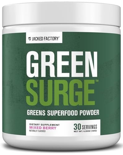 Jacked Factory Green Surge - Grünes Superfood-Pulver mit Spirulina, Weizen- und Gerstengras, Bio-Grüns, Grüntee-Extrakt, Probiotika und Verdauungsenzyme - gemischte Beeren, 30 Portionen