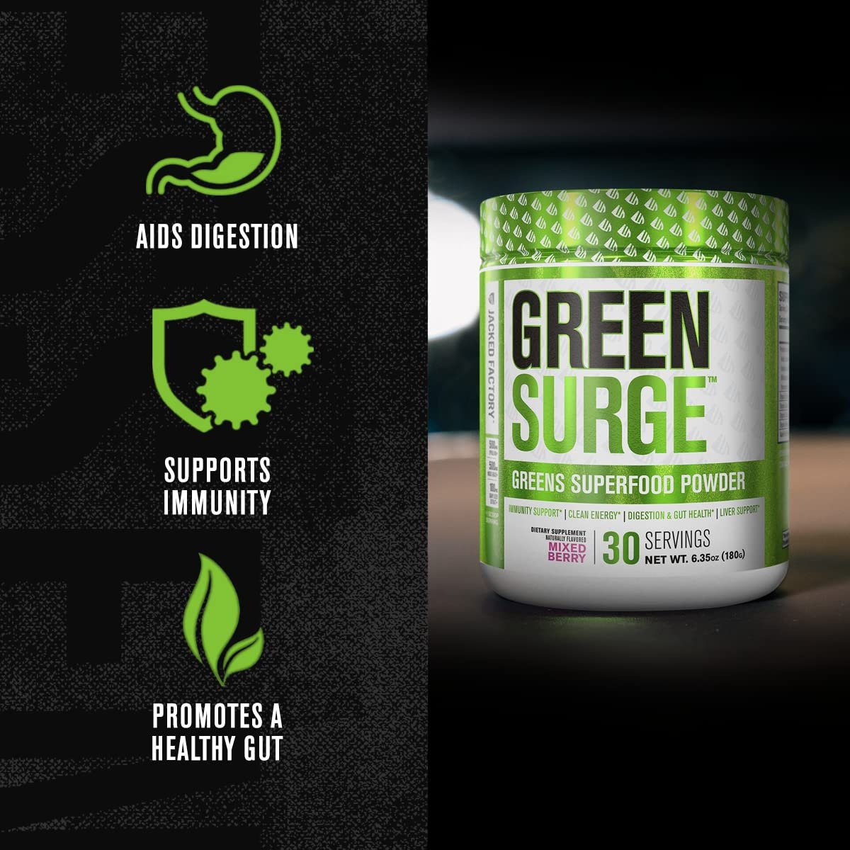 Jacked Factory Green Surge - Grünes Superfood-Pulver mit Spirulina, Weizen- und Gerstengras, Bio-Grüns, Grüntee-Extrakt, Probiotika und Verdauungsenzyme - gemischte Beeren, 30 Portionen