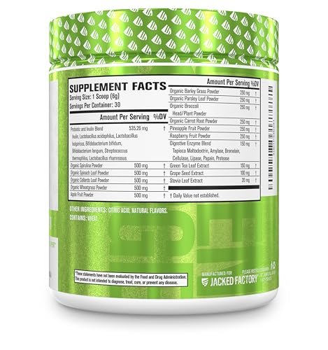 Jacked Factory Green Surge - Grünes Superfood-Pulver mit Spirulina, Weizen- und Gerstengras, Bio-Grüns, Grüntee-Extrakt, Probiotika und Verdauungsenzyme - gemischte Beeren, 30 Portionen