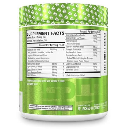 Jacked Factory Green Surge - Grünes Superfood-Pulver mit Spirulina, Weizen- und Gerstengras, Bio-Grüns, Grüntee-Extrakt, Probiotika und Verdauungsenzyme - gemischte Beeren, 30 Portionen