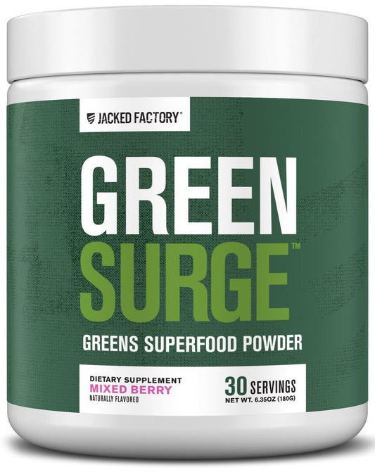 Jacked Factory Green Surge - Grünes Superfood-Pulver mit Spirulina, Weizen- und Gerstengras, Bio-Grüns, Grüntee-Extrakt, Probiotika und Verdauungsenzyme - gemischte Beeren, 30 Portionen