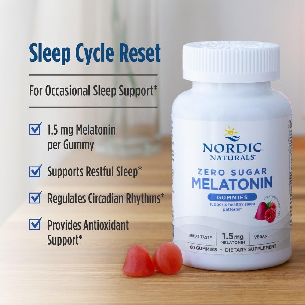 Nordic Naturals Zero Sugar Melatonin Gummies, Himbeere - 60 Gummis - 1,5 mg Melatonin - Großartiger Geschmack - Erholsamer Schlaf, Antioxidative Unterstützung - Nicht-GMO, Vegan - 60 Portionen
