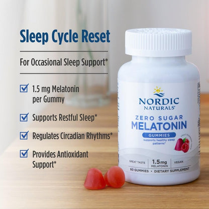 Nordic Naturals Zero Sugar Melatonin Gummies, Himbeere - 60 Gummis - 1,5 mg Melatonin - Großartiger Geschmack - Erholsamer Schlaf, Antioxidative Unterstützung - Nicht-GMO, Vegan - 60 Portionen