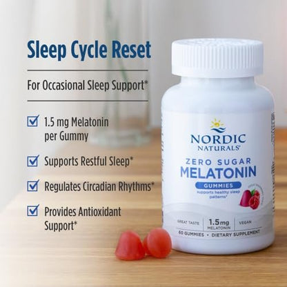 Nordic Naturals Zero Sugar Melatonin Gummies, Himbeere - 60 Gummis - 1,5 mg Melatonin - Großartiger Geschmack - Erholsamer Schlaf, Antioxidative Unterstützung - Nicht-GMO, Vegan - 60 Portionen
