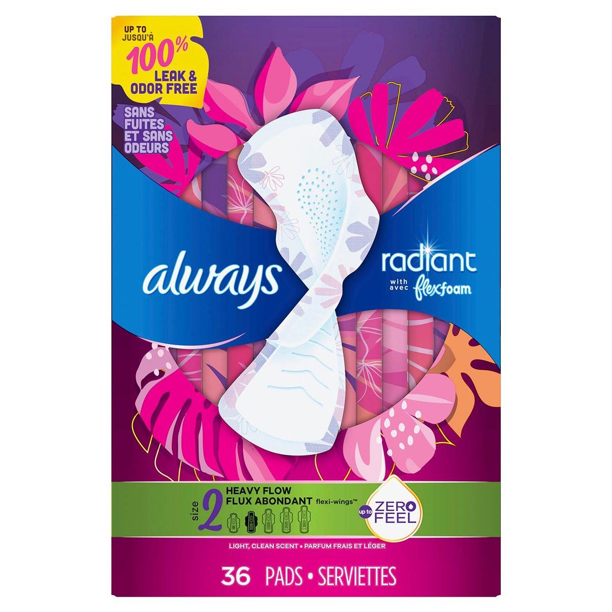 Always Radiant Damenbinden FlexFoam mit Flügeln, Größe 2, Starke Saugfähigkeit, leicht parfümiert, 36 Stück