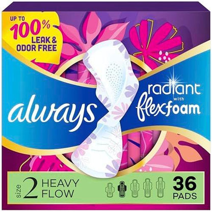 Always Radiant Damenbinden FlexFoam mit Flügeln, Größe 2, Starke Saugfähigkeit, leicht parfümiert, 36 Stück