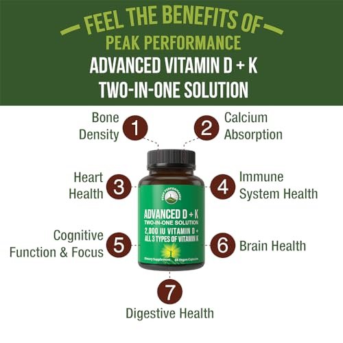 Peak Performance Advanced Vitamin D 2000 IE mit allen 3 Arten von Vitamin K Vitamin D3 und Vitamin K2, K1, MK-7 (MK7), MK4 Nahrungsergänzungsmittel - 60 kleine und leicht zu schluckende pflanzliche Kapseln