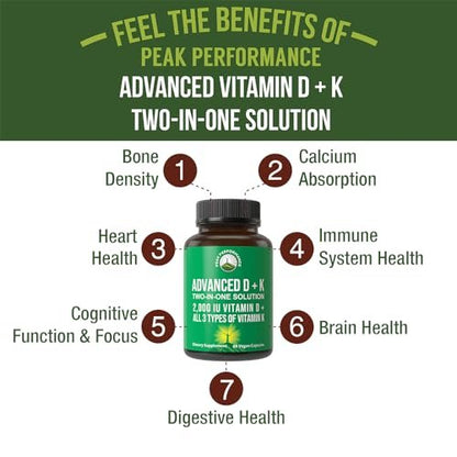 Peak Performance Advanced Vitamin D 2000 IE mit allen 3 Arten von Vitamin K Vitamin D3 und Vitamin K2, K1, MK-7 (MK7), MK4 Nahrungsergänzungsmittel - 60 kleine und leicht zu schluckende pflanzliche Kapseln