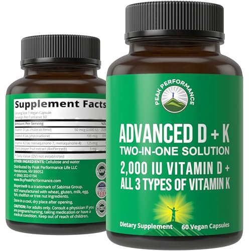 Peak Performance Advanced Vitamin D 2000 IE mit allen 3 Arten von Vitamin K Vitamin D3 und Vitamin K2, K1, MK-7 (MK7), MK4 Nahrungsergänzungsmittel - 60 kleine und leicht zu schluckende pflanzliche Kapseln