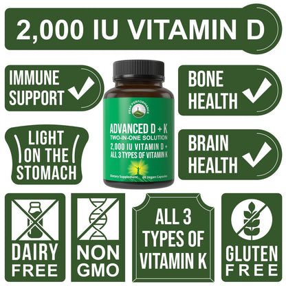 Peak Performance Advanced Vitamin D 2000 IE mit allen 3 Arten von Vitamin K Vitamin D3 und Vitamin K2, K1, MK-7 (MK7), MK4 Nahrungsergänzungsmittel - 60 kleine und leicht zu schluckende pflanzliche Kapseln