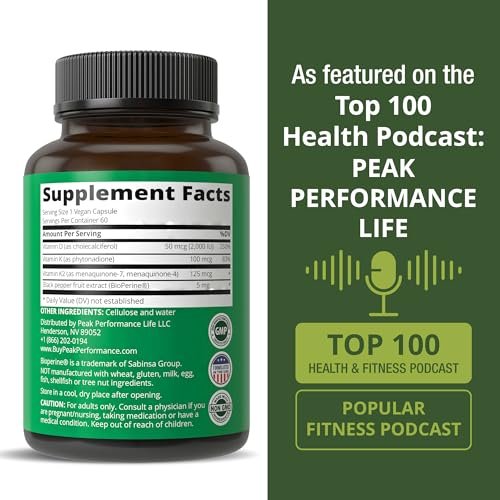 Peak Performance Advanced Vitamin D 2000 IE mit allen 3 Arten von Vitamin K Vitamin D3 und Vitamin K2, K1, MK-7 (MK7), MK4 Nahrungsergänzungsmittel - 60 kleine und leicht zu schluckende pflanzliche Kapseln